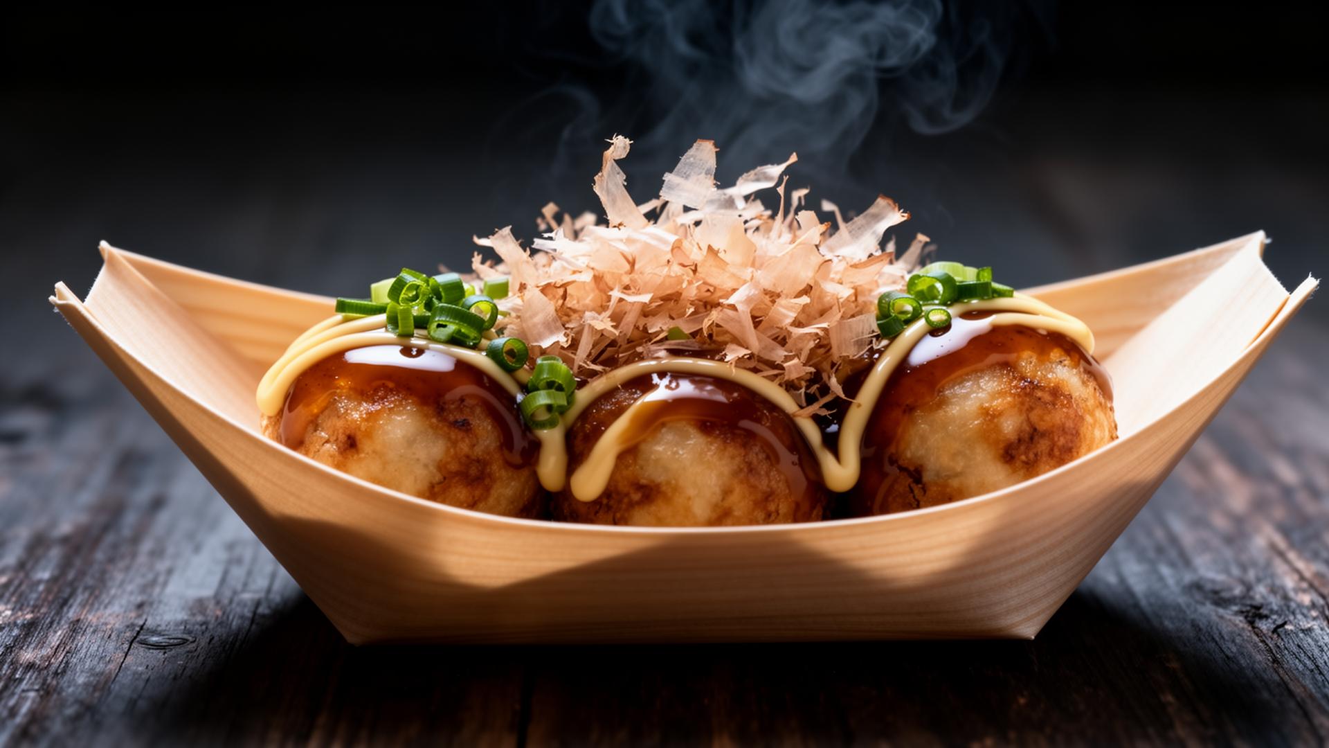 Steaming takoyaki with bonito flakes in a wooden boat